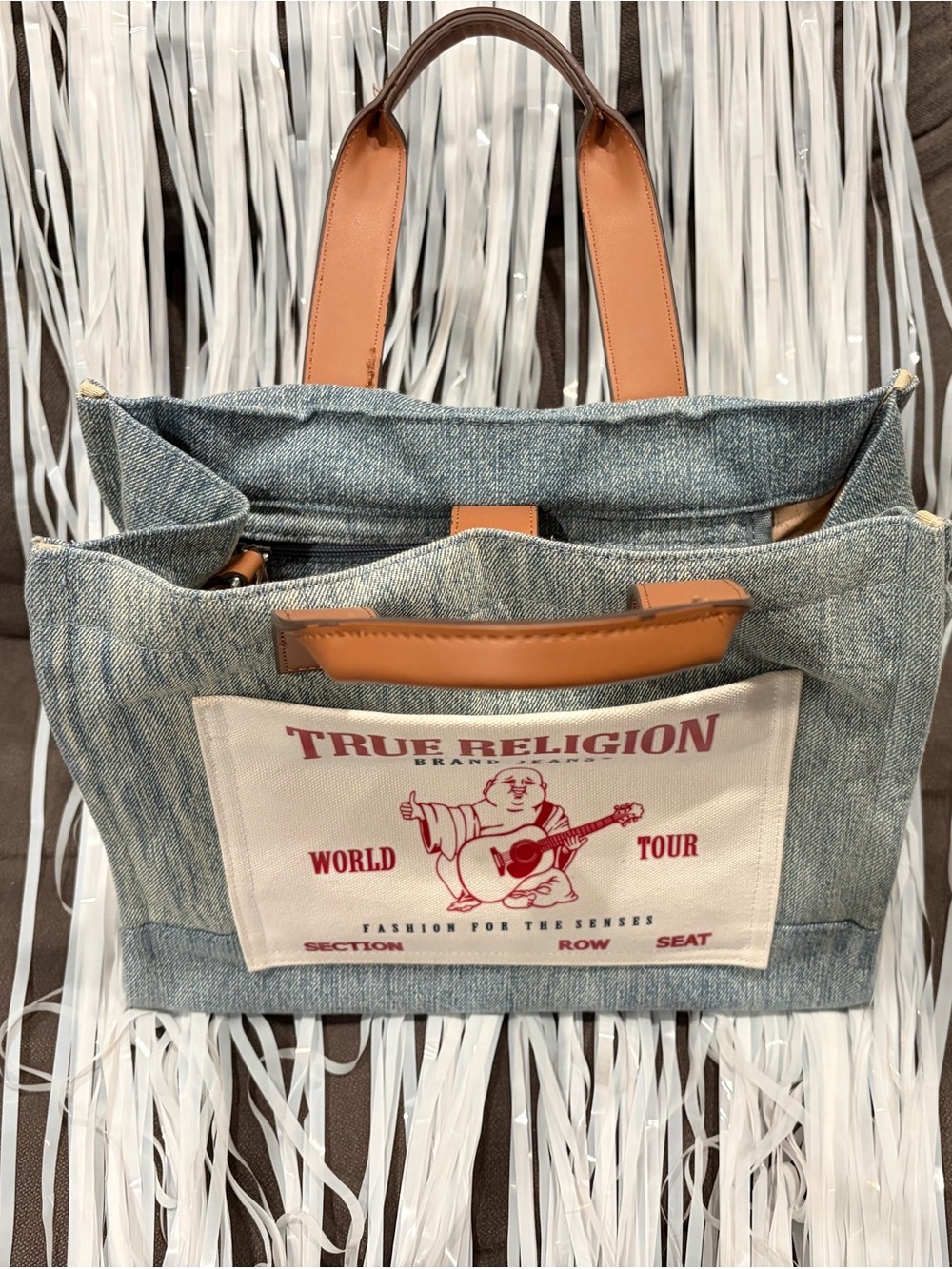 New True Religion Light Blue Denim Tote with Tan Leather Handles
